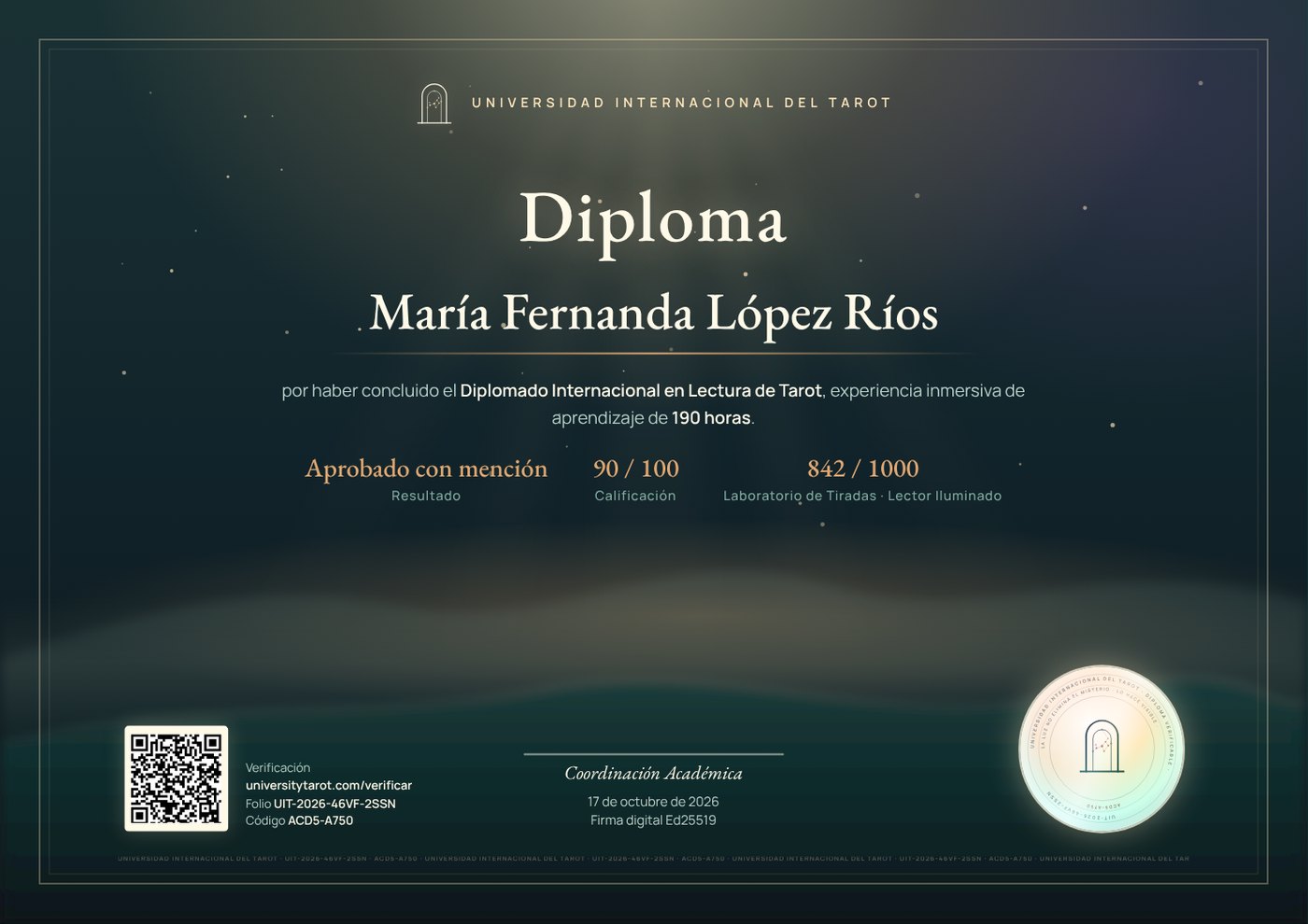 Muestra del diploma: holograma, firma digital y código QR de verificación